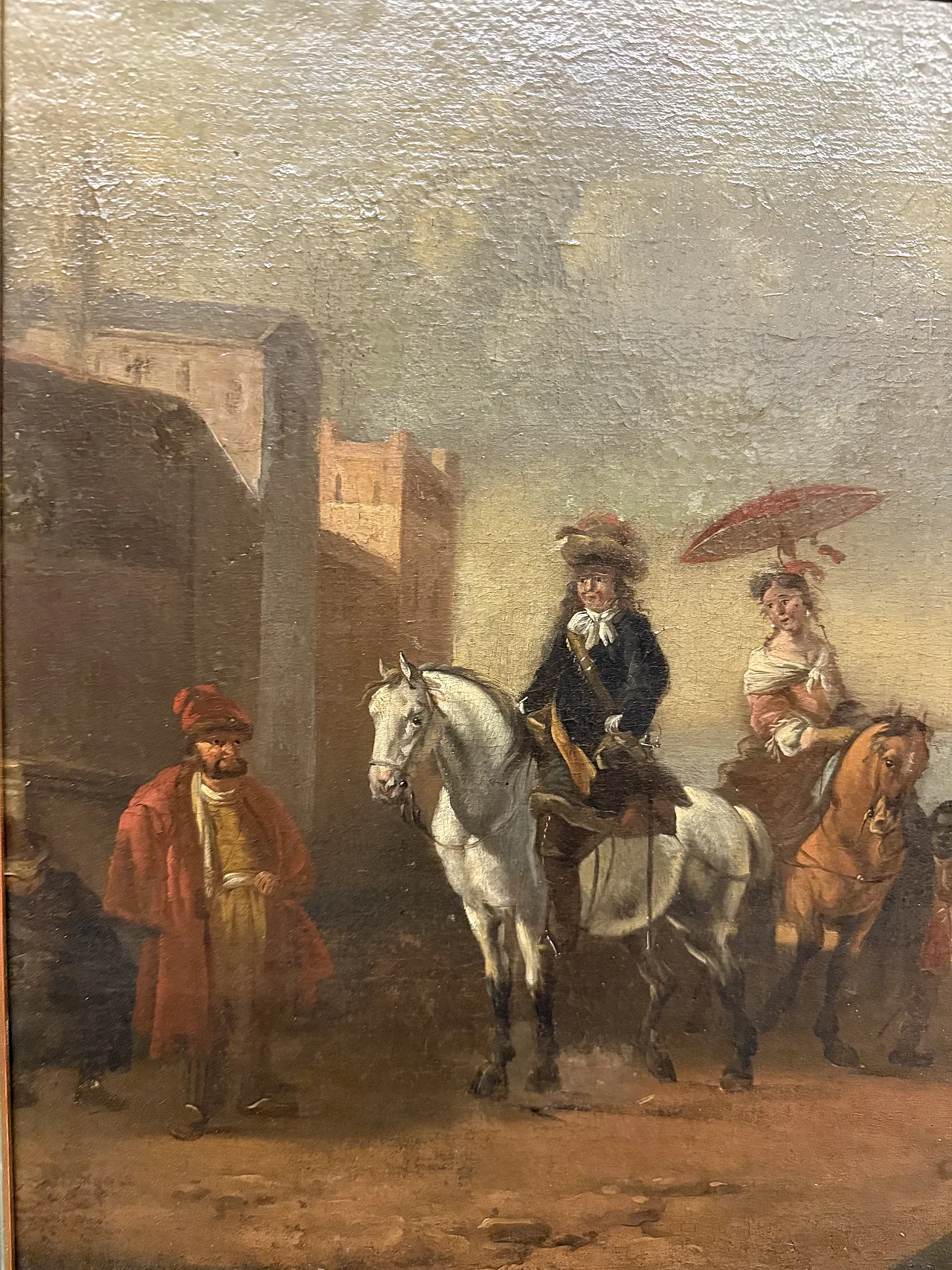Dipinto olio su tela con cavaliere e dama, '700 3