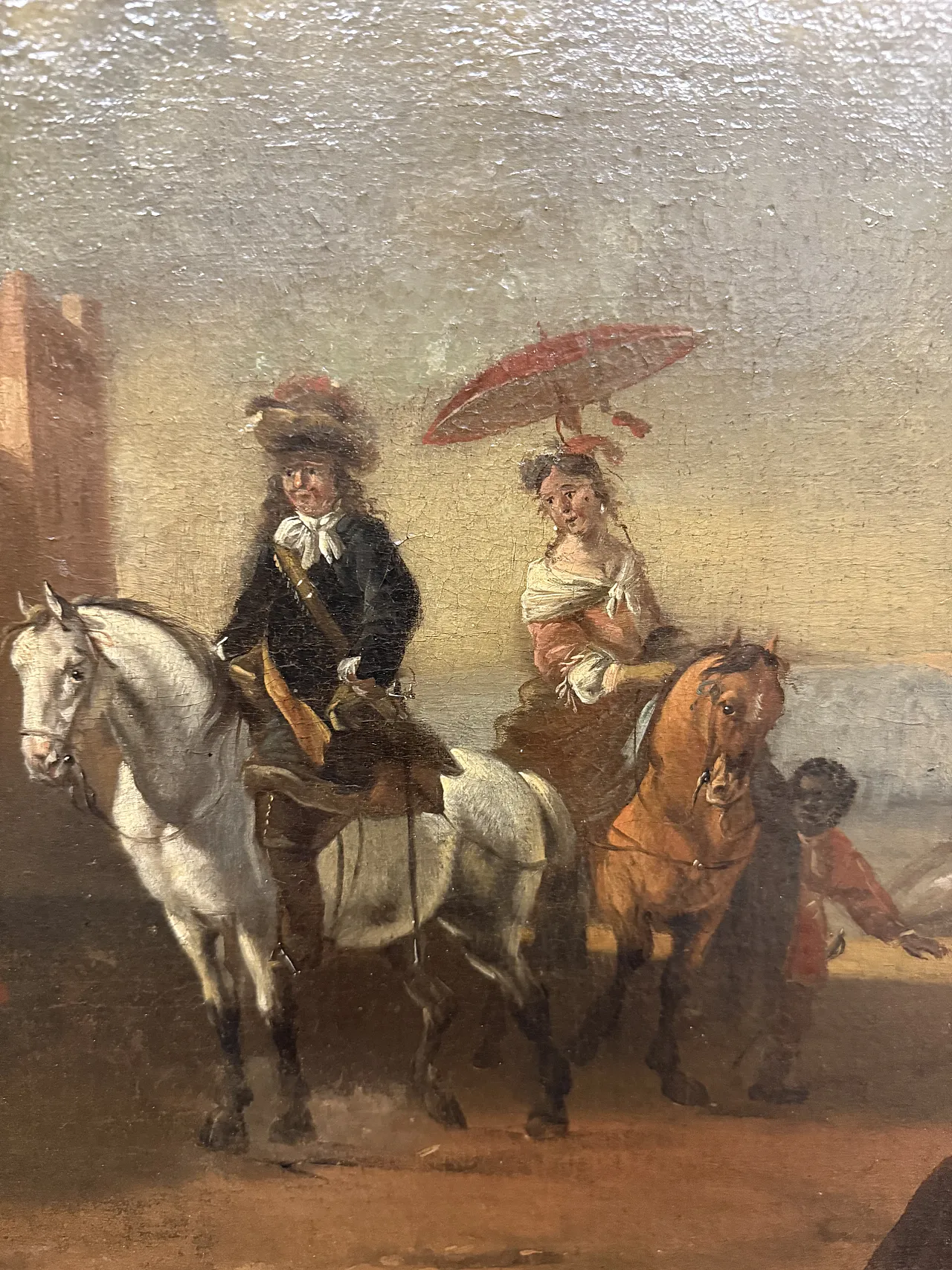 Dipinto olio su tela con cavaliere e dama, '700 4