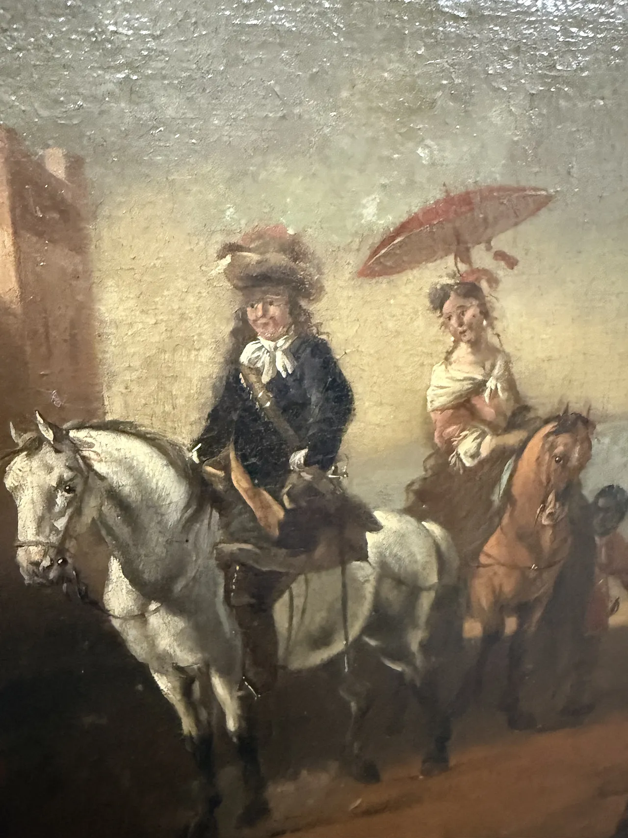 Dipinto olio su tela con cavaliere e dama, '700 7