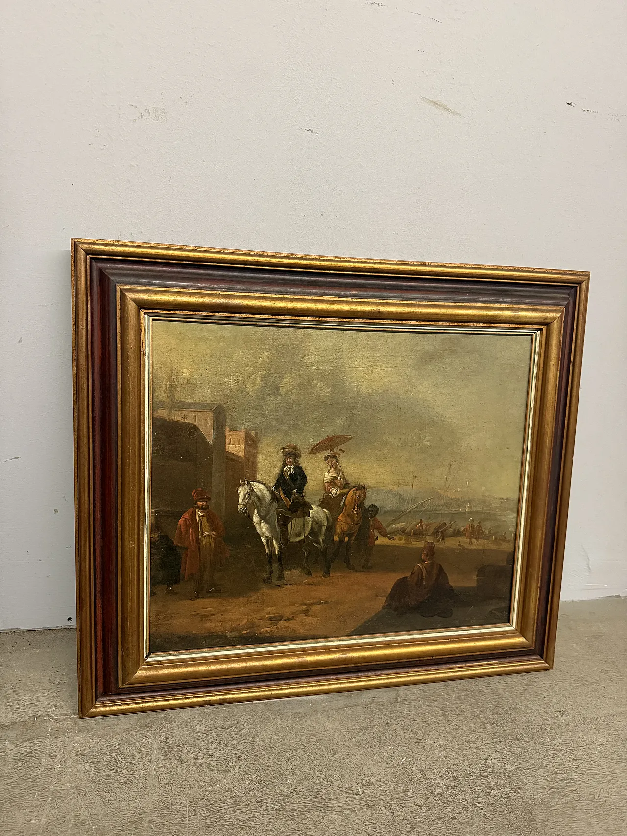 Dipinto olio su tela con cavaliere e dama, '700 11