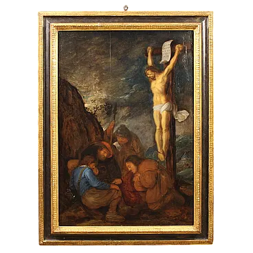 Flemish panel crucifixion with soldiers, 17th century