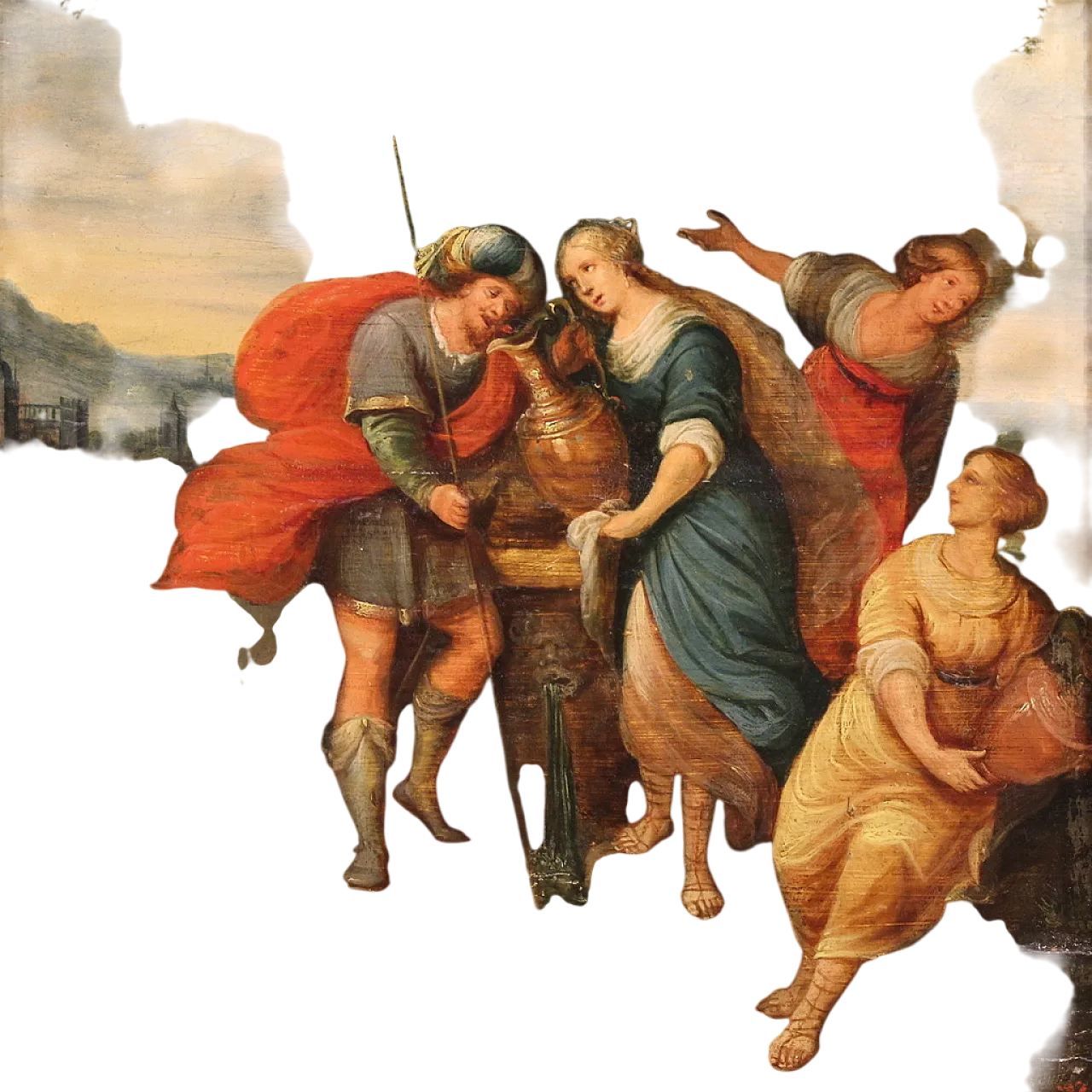 Flemish painting on wood, Rebecca at the well, 17th century 16
