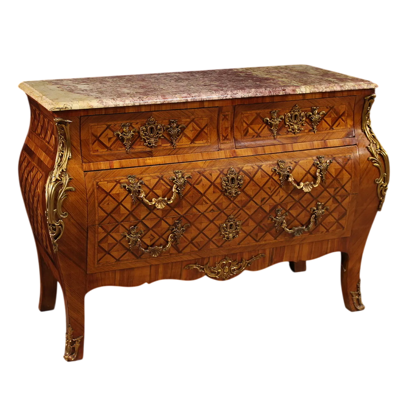 Cassettone francese intarsiato in stile Luigi XV, '900 14