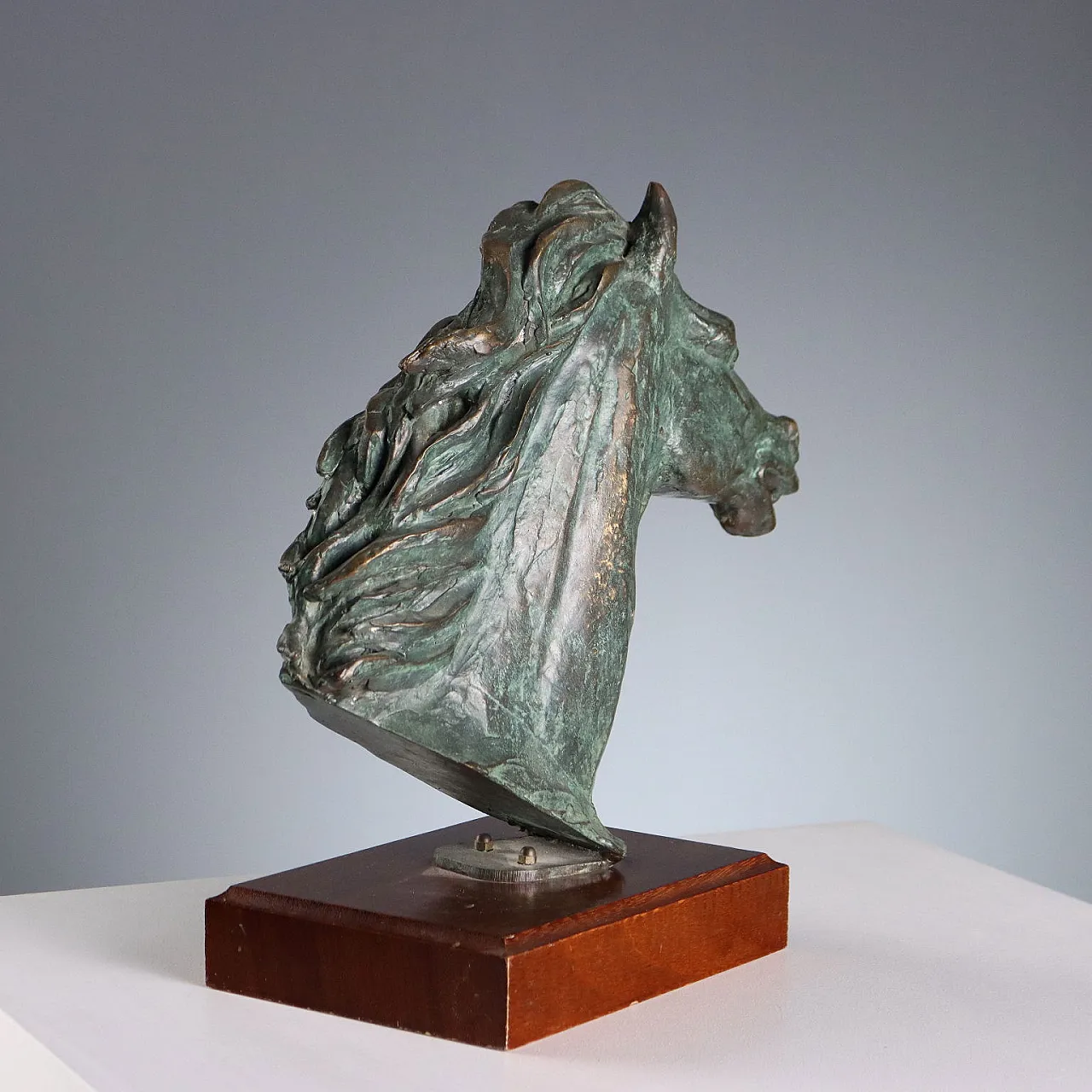Scultura in bronzo e legno raffigurante testa di cavallo, '900 7