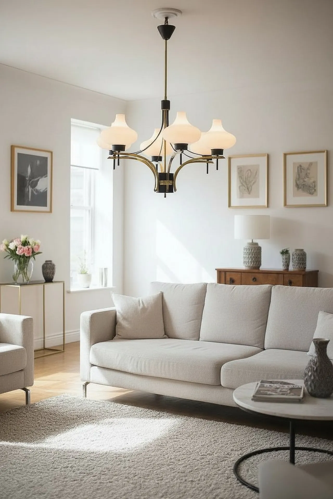Lampadario vintage a sei luci in ottone e vetro opalino, anni '50 2