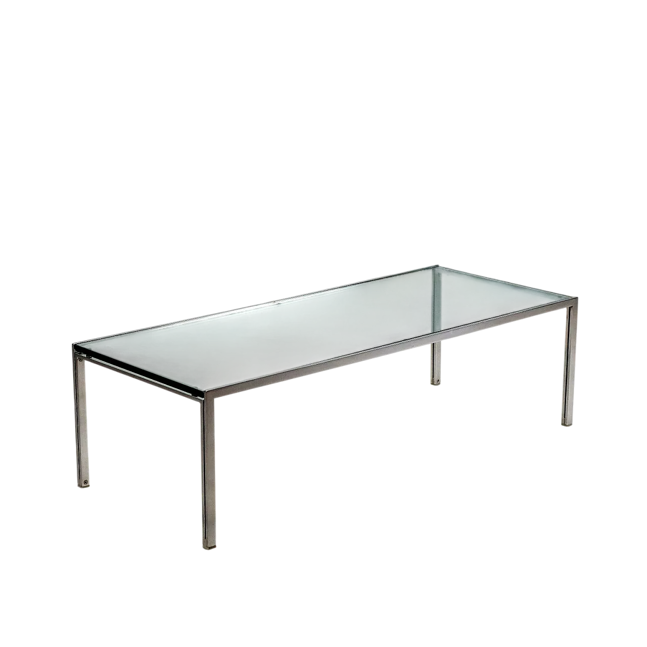 Tavolino con struttura in metallo cromato e piano in vetro, '900 7
