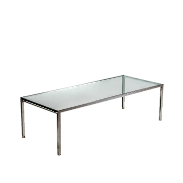 Tavolino con struttura in metallo cromato e piano in vetro, '900