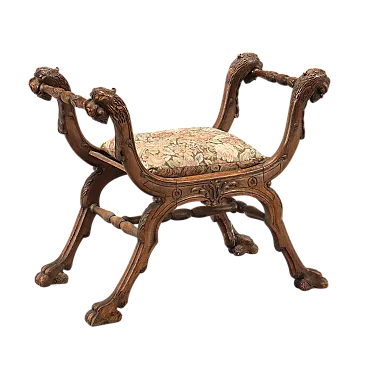 Sgabello Savonarola in noce, in stile Neorinascimentale, fine '800