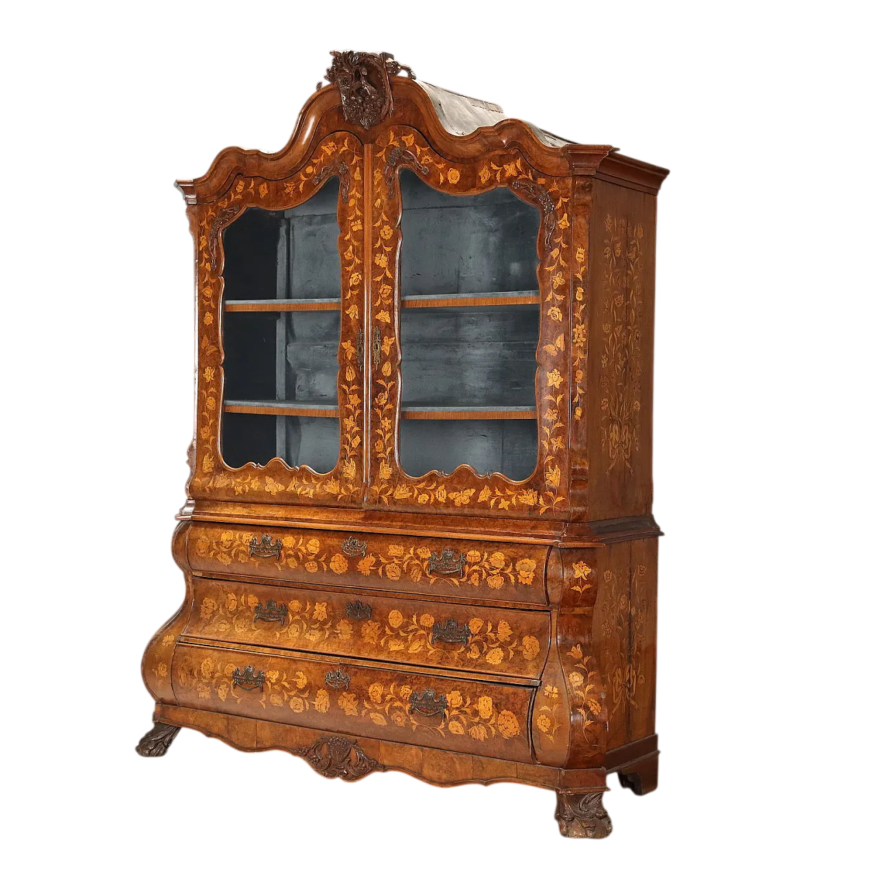 Display cabinet in walnut, burl, maple, and molded glass, 19th century 11