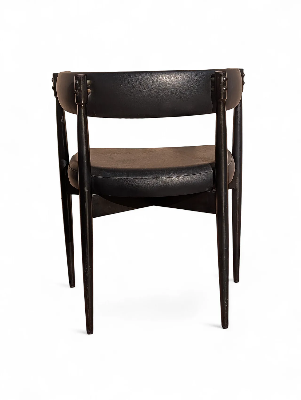 3 sedie in legno e similpelle nera, anni '60 8