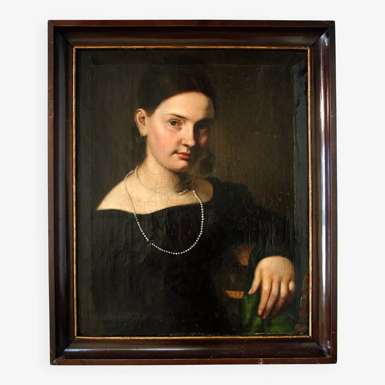 Portrait Young Lady Wearing Pearl, oil painting, 19th century 1