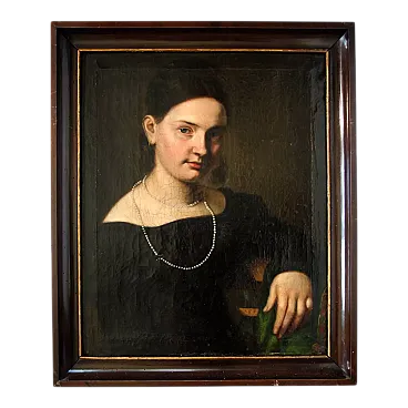 Portrait Young Lady Wearing Pearl, oil painting, 19th century