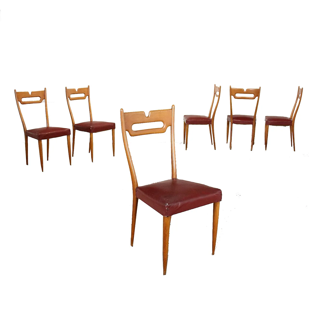 6 chairs in beech and leatherette, 1950s 1