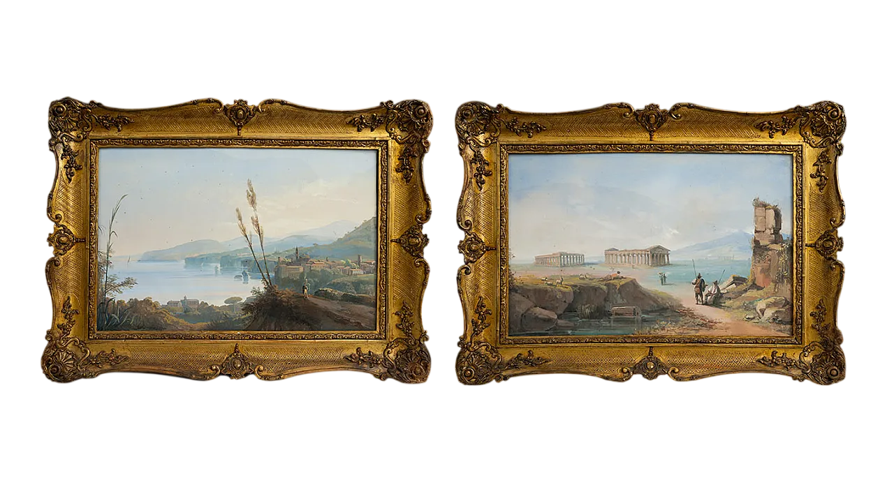 Coppia di Gouaches Napoletani raffigurante i templi di Paestum, '800 10