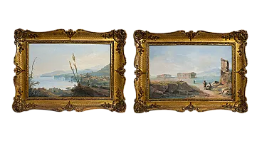 Coppia di Gouaches Napoletani raffigurante i templi di Paestum, '800