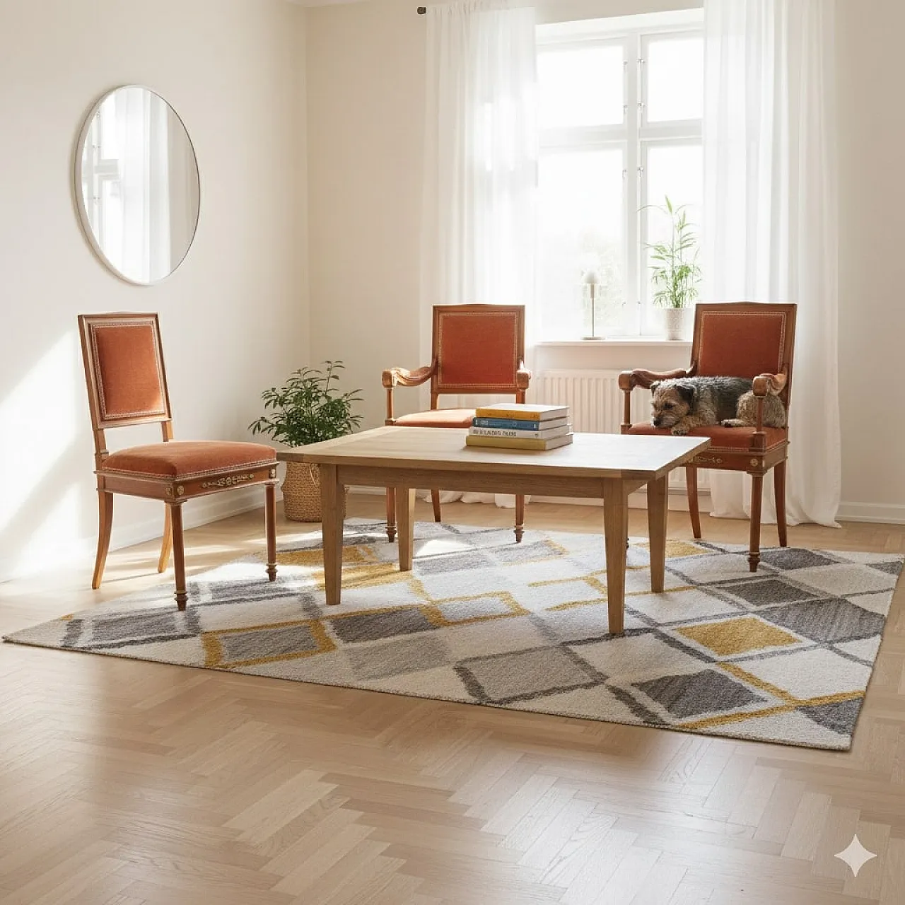 Coppia di poltrone e sedia in mogano, '900 2