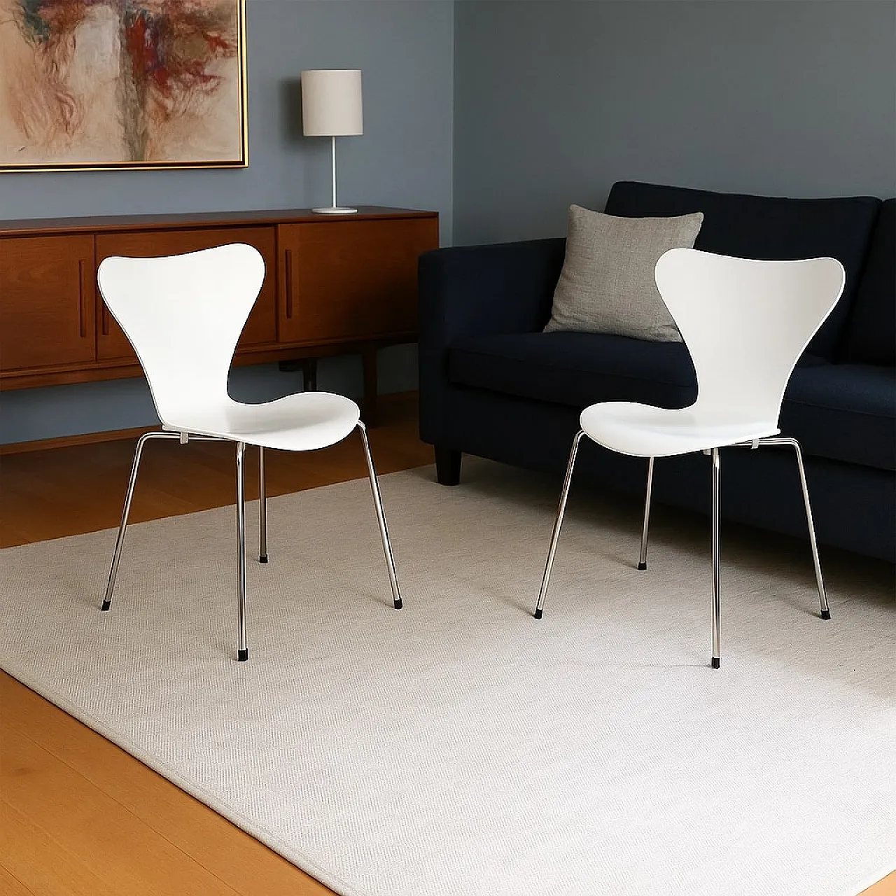 Pair of chairs in white lacquered plywood and steel, 20th century 2