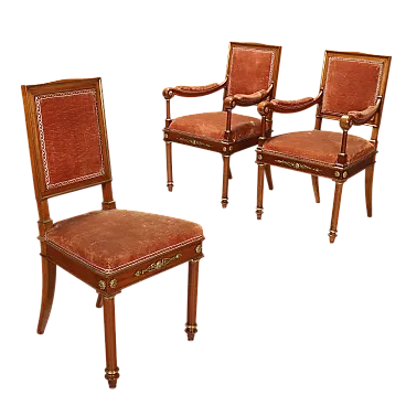 Coppia di poltrone e sedia in mogano, '900