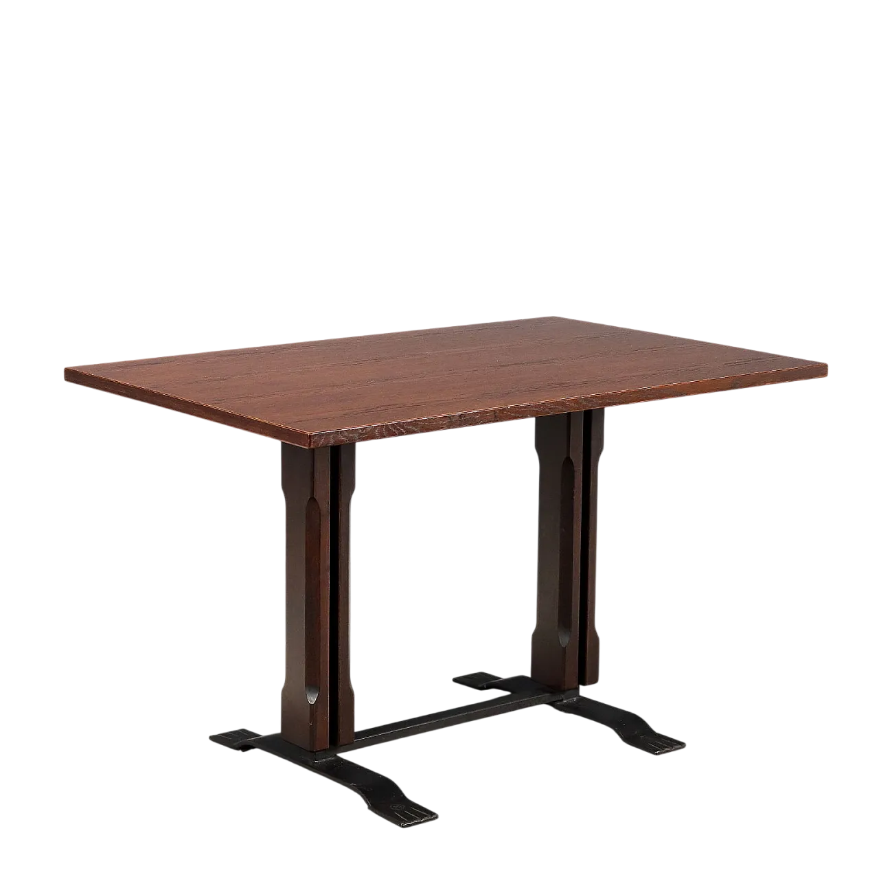 Tavolo con base in metallo e impiallacciatura in legno esotico, '900 10