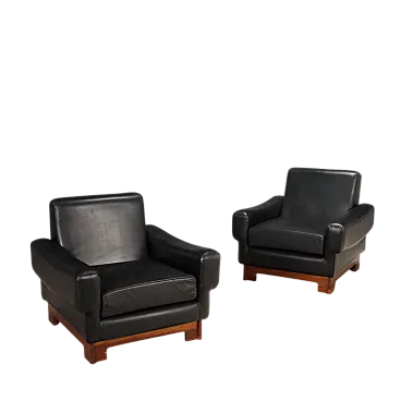 Coppia di poltrone in legno e rivestimento in pelle, '900