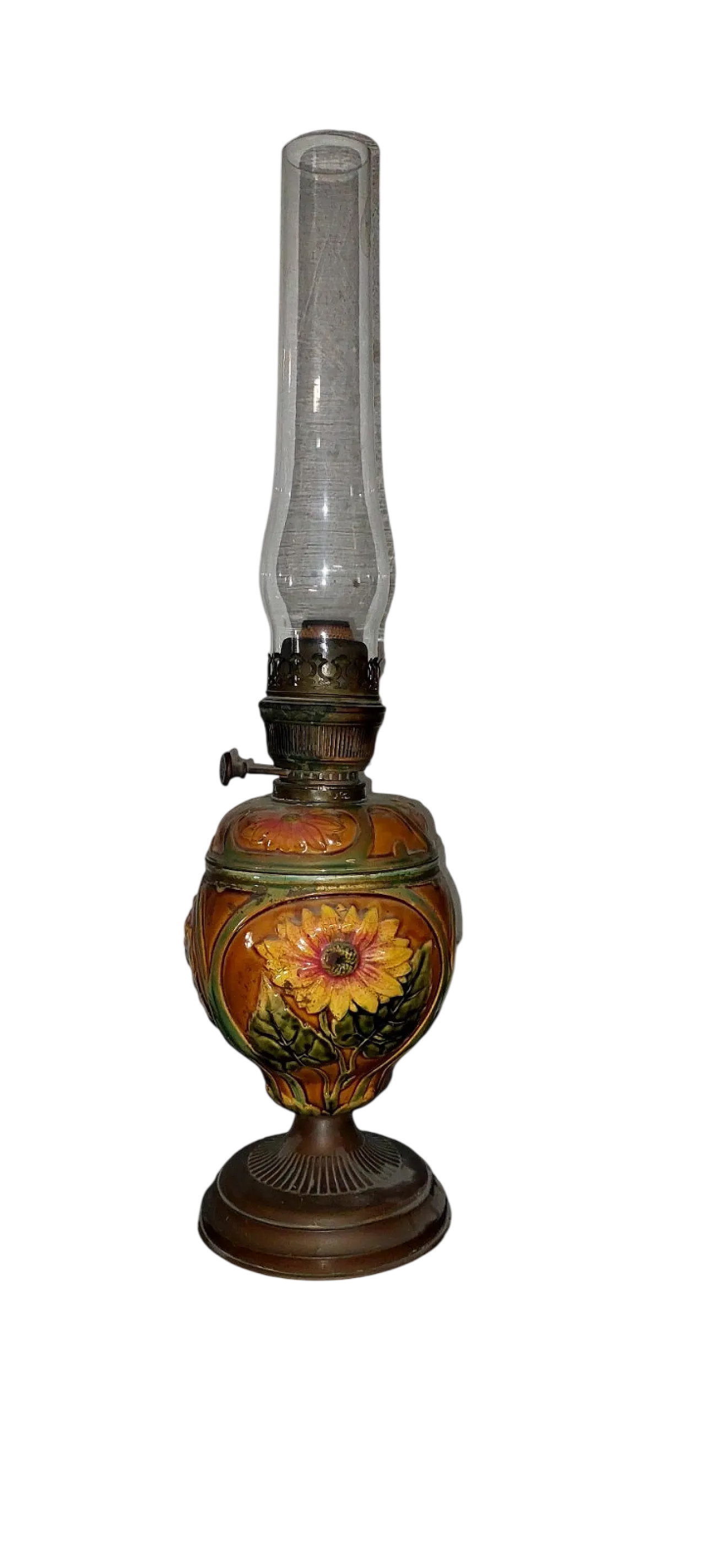 Lampada a petrolio in metallo, ceramica e vetro, inizio '900 14