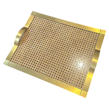 Dior Home style brass and Vienna straw serving tray, 1970s