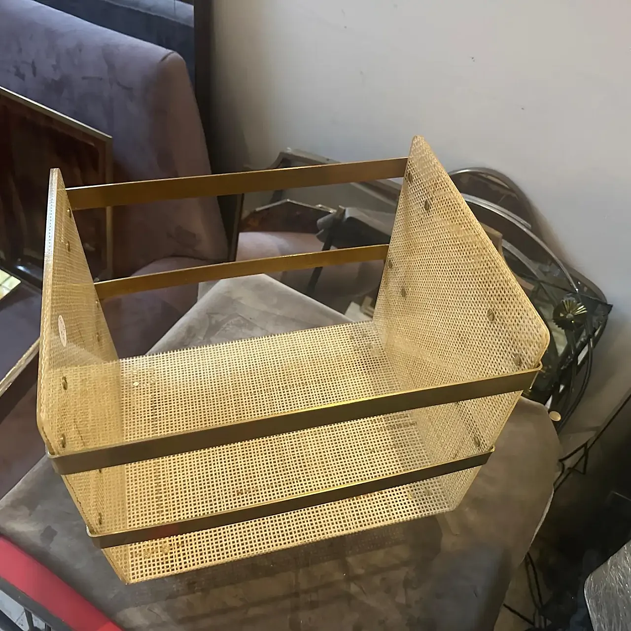 Dior Home brass and wicker magazine stand, 1980s 3