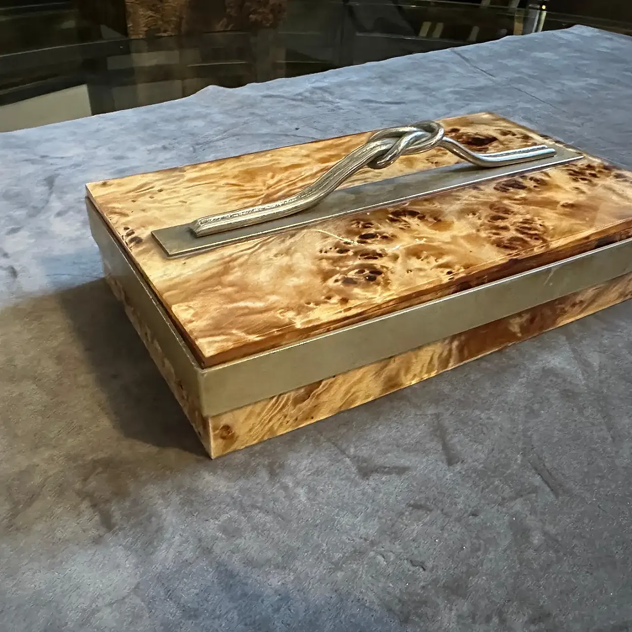 Scatola per gioielli di lusso italiana in legno di radica e ottone del Mid-Century Modern degli anni '70 9