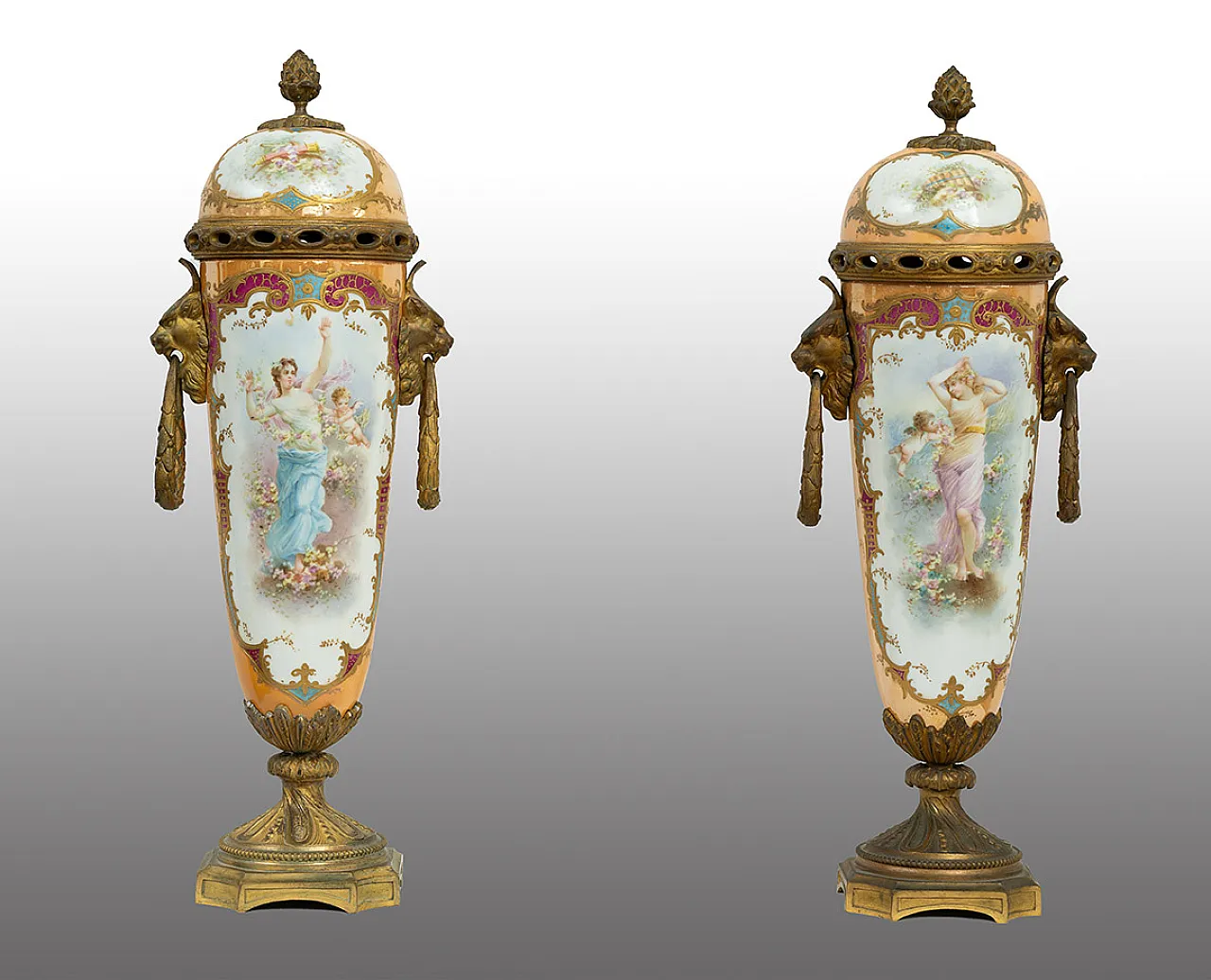 Pair of Napoleon III vases in polychrome Sevres porcelain, 19th c. 1
