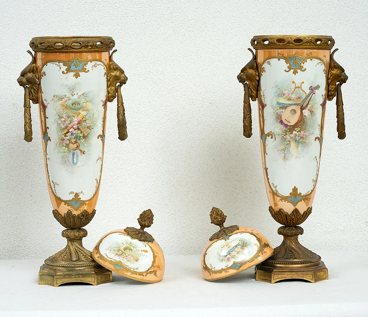 Pair of Napoleon III vases in polychrome Sevres porcelain, 19th c. 2