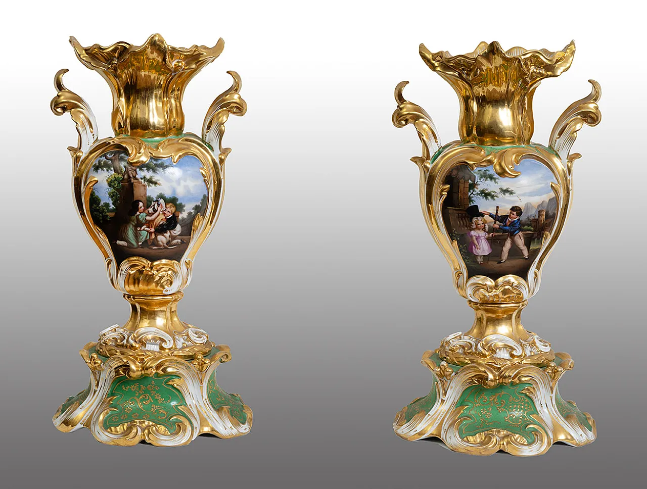 Pair of Louis Philippe vases in polychrome porcelain, 19th century 1