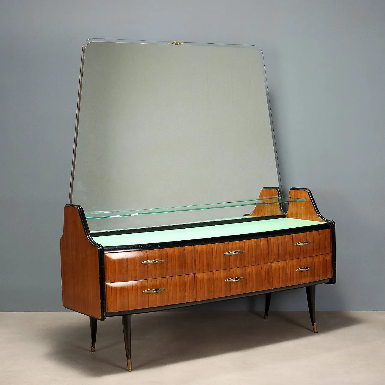 Comò con specchio e ripiano in vetro, legno esotico e ottone, '900 1