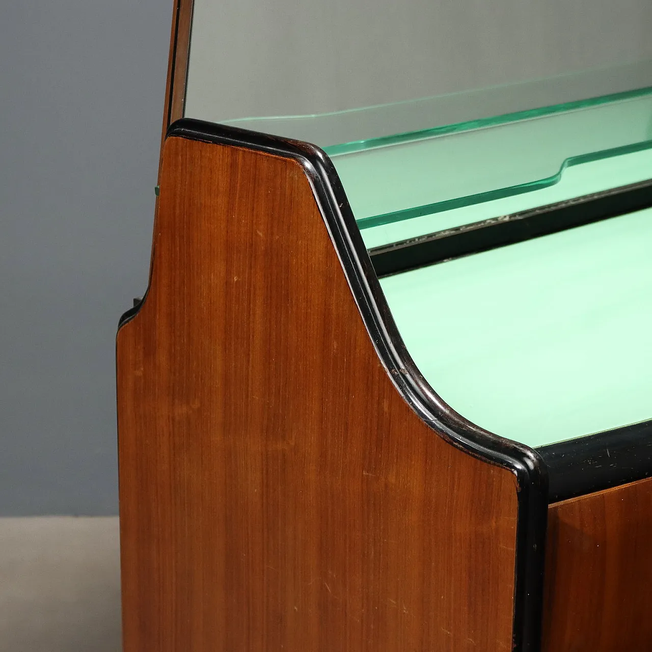 Comò con specchio e ripiano in vetro, legno esotico e ottone, '900 6