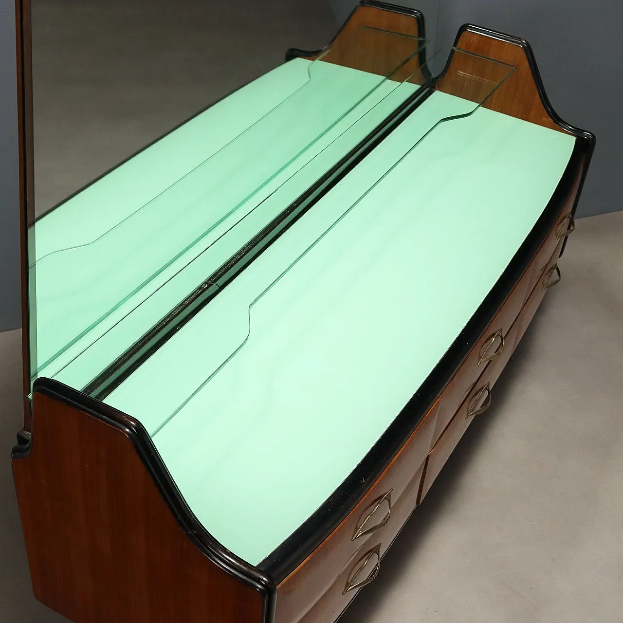 Comò con specchio e ripiano in vetro, legno esotico e ottone, '900 10