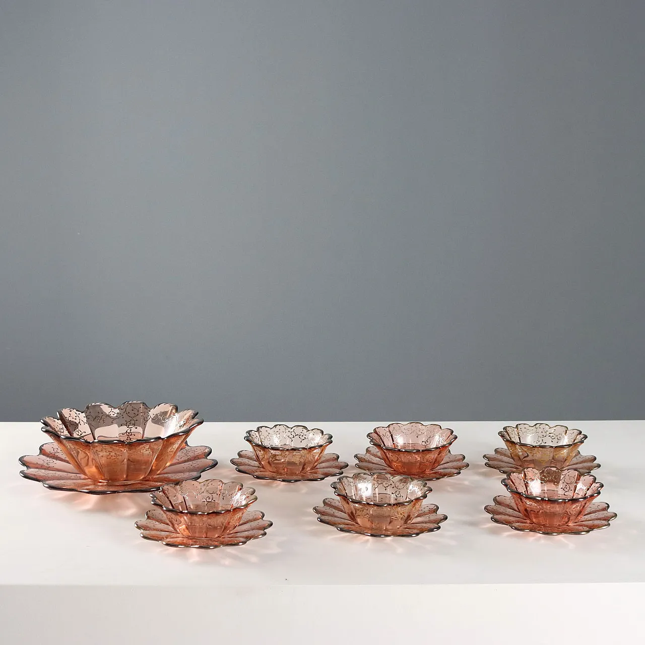 Servizio da dessert e macedonia in vetro, decorato in argento, '900 1