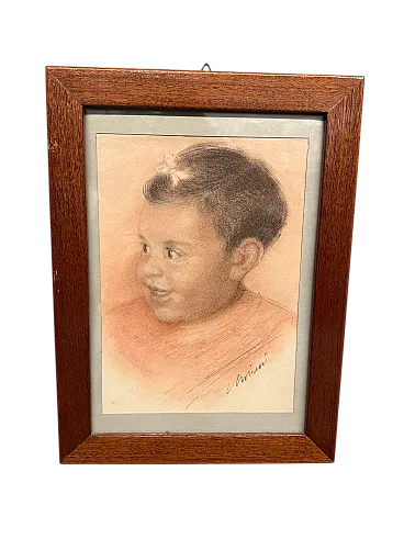 Disegno a matita, bambino, tecnica sanguigna, anni '50