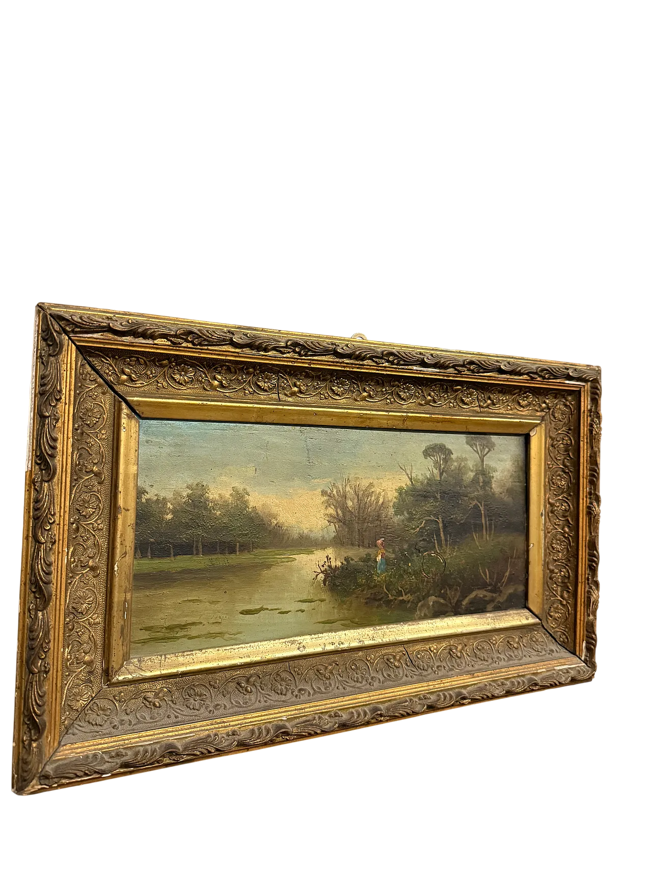 Landscape oil on panel, France with gilded frame, 1850 9