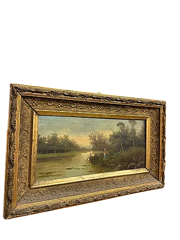 Paesaggio olio su tavola, Francia con cornice dorata, 1850