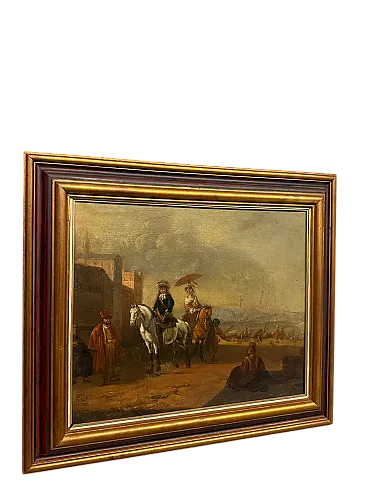 Dipinto olio su tela con cavaliere e dama, '700