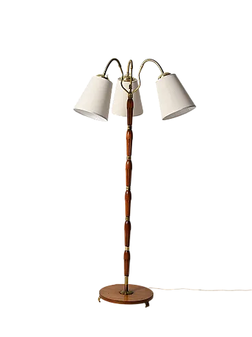 Lampada da terra scandinava a tre bracci in teak e ottone, anni '50
