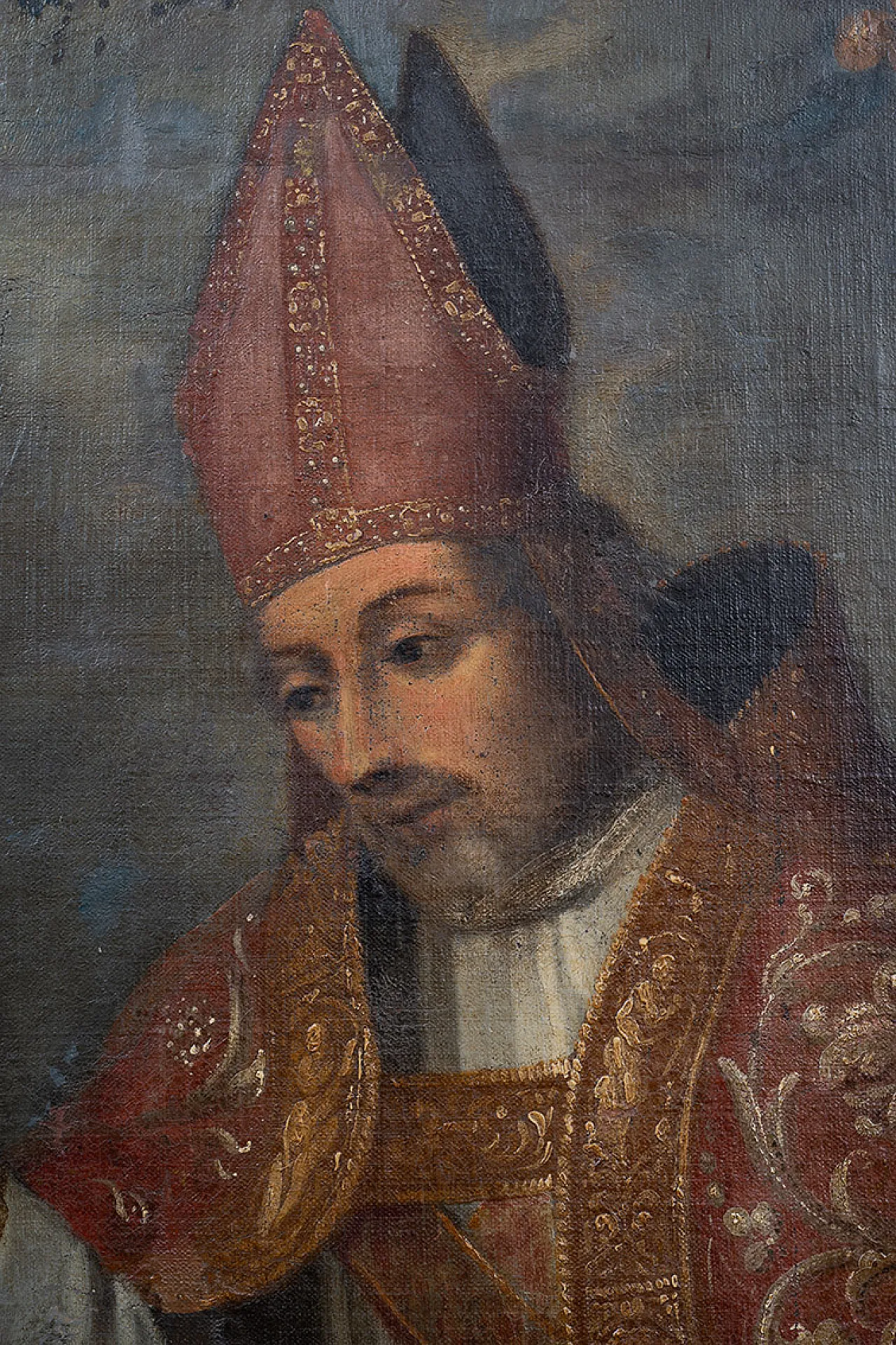 Dipinto olio su tela raffigurante busto di vescovo, '700 3