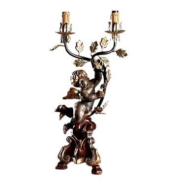 Candelabro in legno intagliato, dorato e laccato, '900