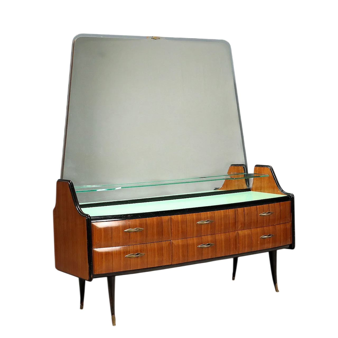 Comò con specchio e ripiano in vetro, legno esotico e ottone, '900 11