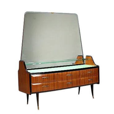 Comò con specchio e ripiano in vetro, legno esotico e ottone, '900