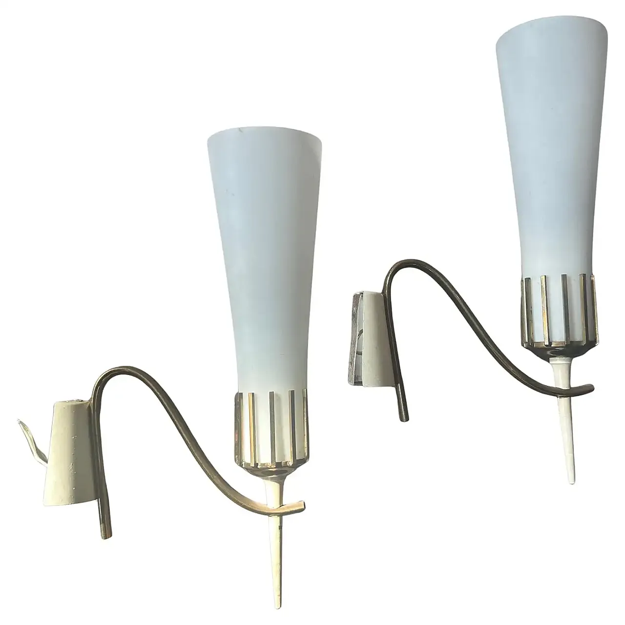 Pair of brass and glass wall lamps in Stilnovo style, 1950s 1