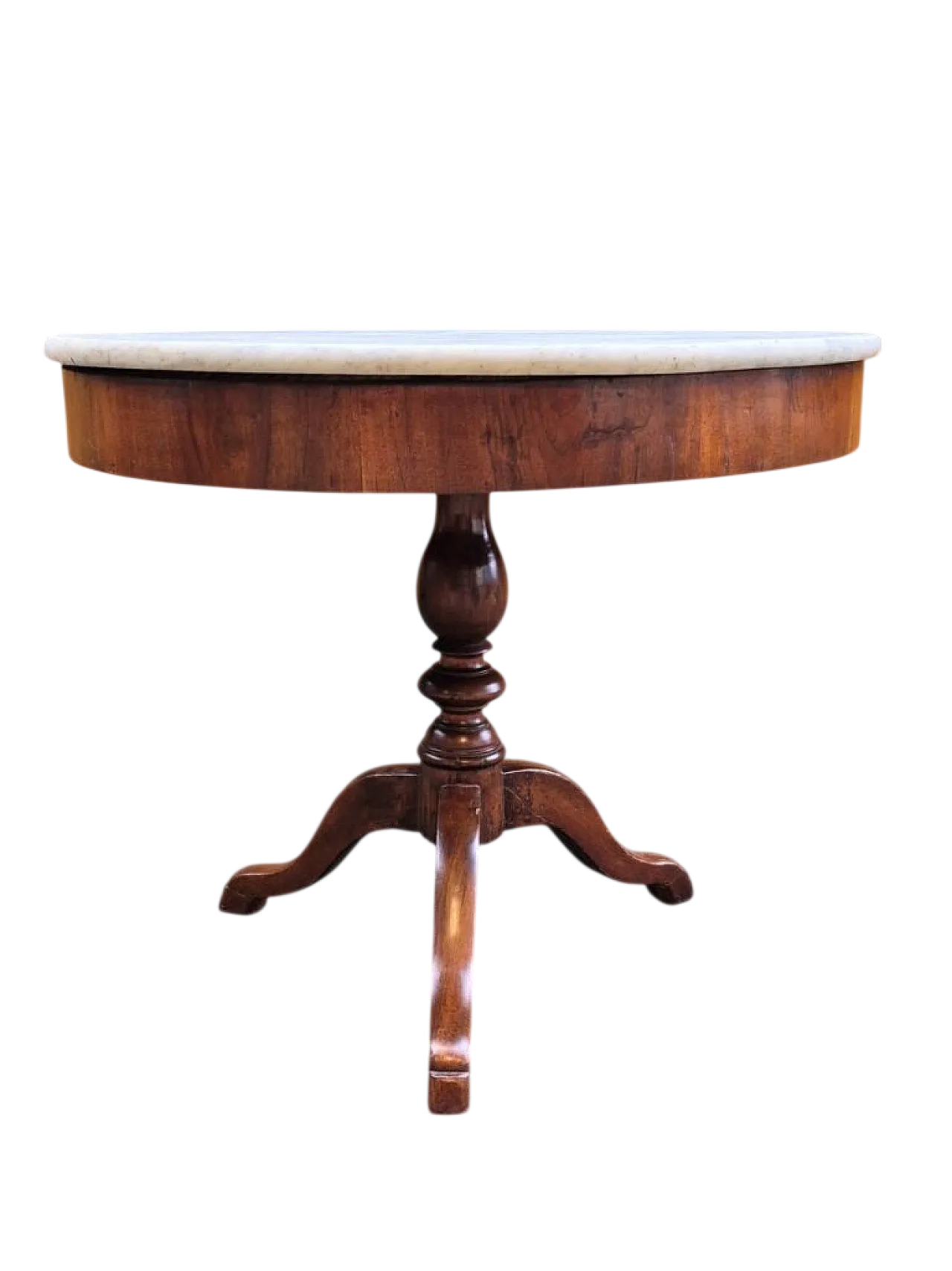 Round walnut coffee table with marble top, 19th century 6