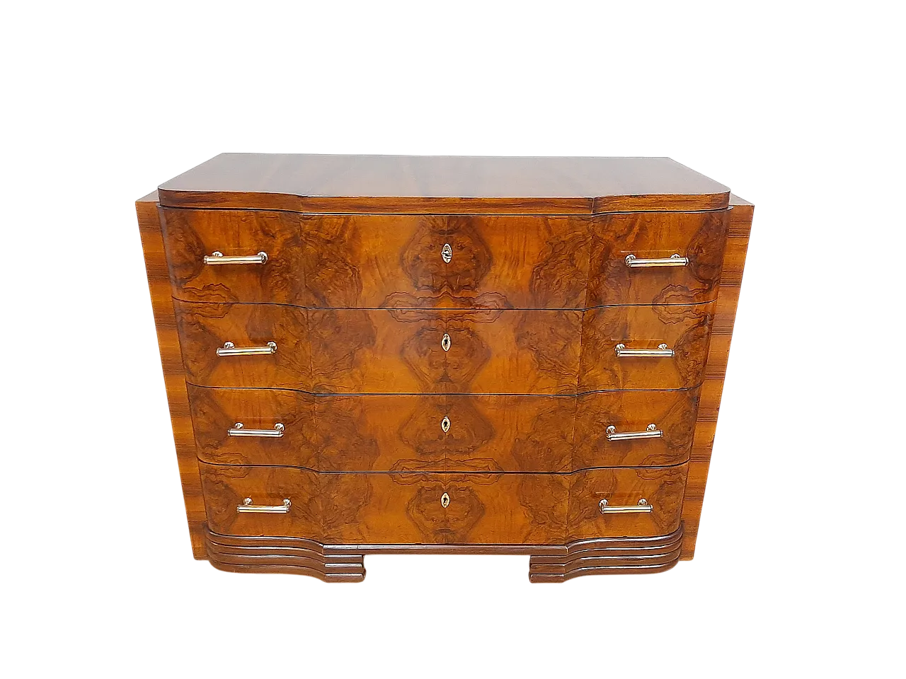 Comò cassettone Art Decò rivestito in noce fiammata 1940 8
