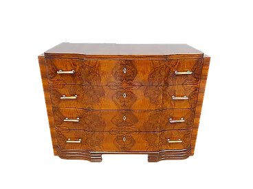 Comò cassettone Art Decò rivestito in noce fiammata 1940