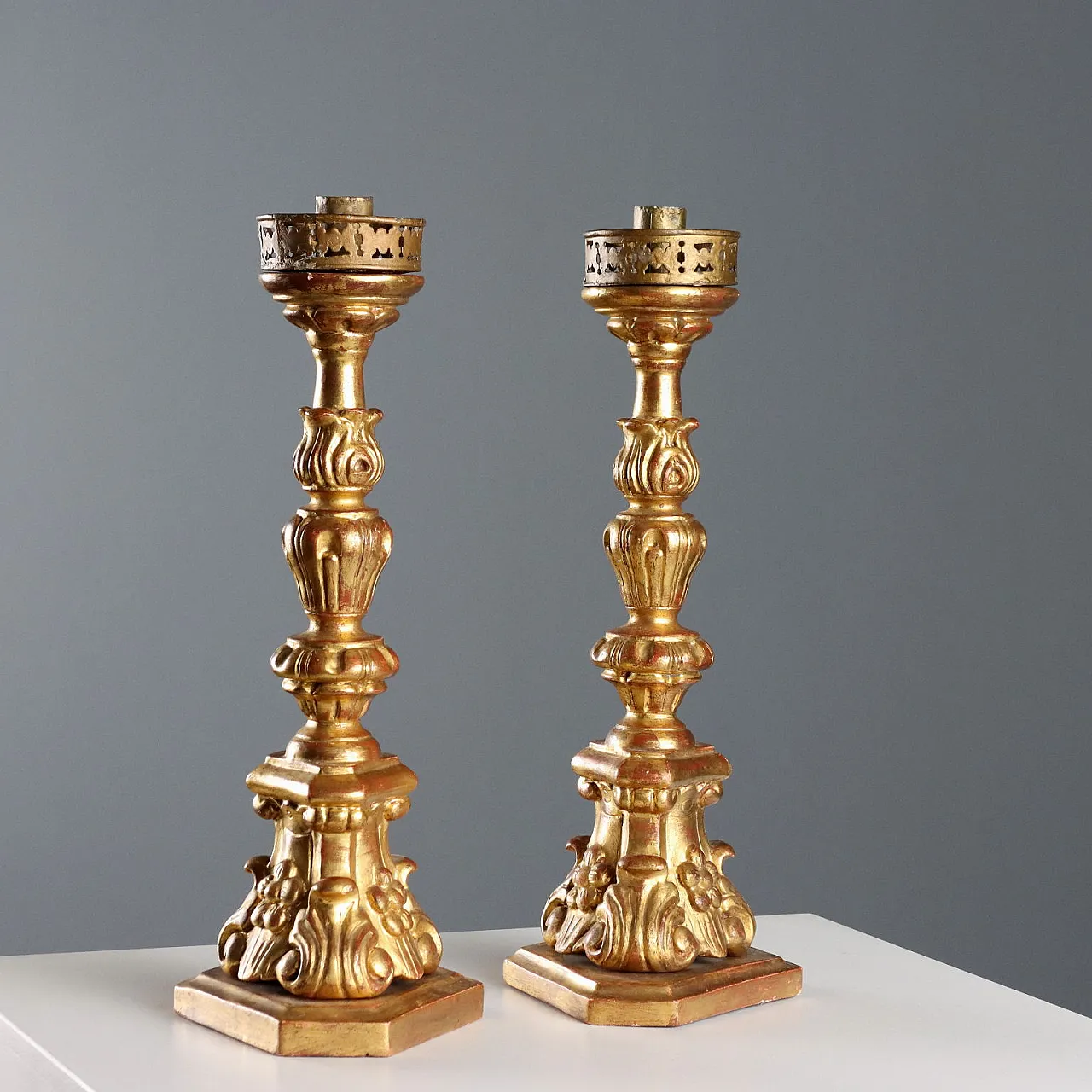 Pair of turned, carved, and gilded wooden torch holders, 20th century 1