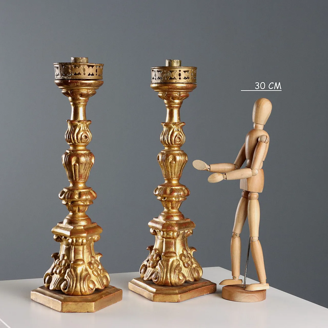 Pair of turned, carved, and gilded wooden torch holders, 20th century 2